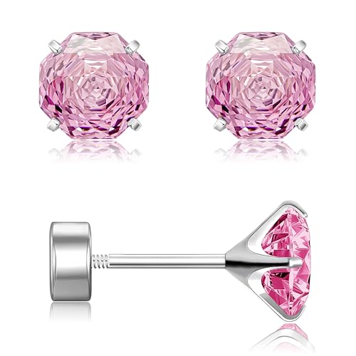Hypoallergenic G23 Titanium Screw-on Flat Back Stud Earrings with Rose Cut Cubic Zirconia- 20G ASTM F136 Implant Grade Titanium Earrings for Sensitive Ear Women (Pink)