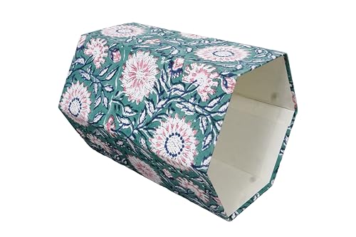 Image of 3.3 Gallon Cotton Hand Block Printed Paper Waste Basket |Small Decorative Trash Can for Housewarming Gifts in Living Room, Bedroom, Bathroom | Eco-Friendly, Plastic-Free (1, Green Pink FLOWAR)