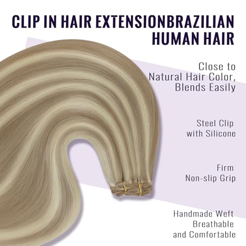 Foto von Fshine Invisible Clip Extensions Echthaar, 60cm 120g 7 Stücke Haarverlängerung Echthaar Extensions Clip Aschblond Hervorgehobenes Goldblond Echte Haare Farbe 16P22