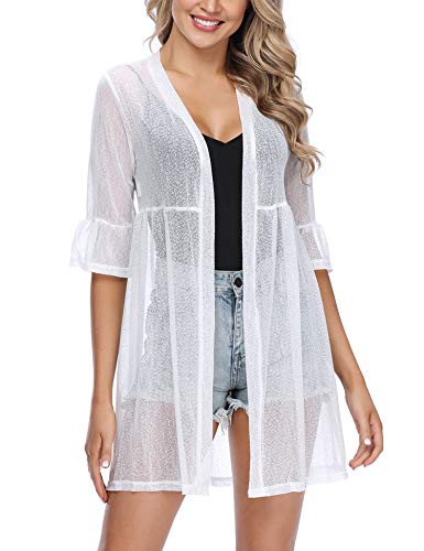 iClosam Women's Lightweight Sheer Cardigan Sweater Summer Bell Sleeve Kimono White