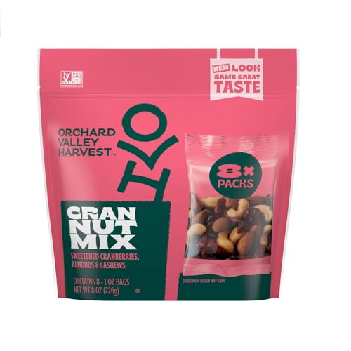 Orchard Valley Harvest Cran Nut Trail Mix, 1oz Nags (Pack of 8), Sweetened Cranberries, Almonds, Cashews, Gluten Free, Trail Mix Individual Packs, Snacks for Adults, 4g Plant Based Protein Per Serving