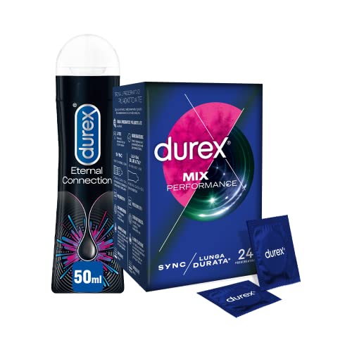 Durex Performance Mix, Preservativi Retard e Sync, 24 Profilattici, Preservativi Ritardanti per Lui e Stimolanti per Lei + Eternal Connection Gel Lubrificante Intimo, 50 ml