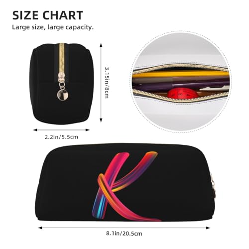 Image of Cute Initial Pencil Case for Kids Simple Leather Pencil Pouch for Boys Girls Letter Design Pencil Box Pen Bag Pencil Pouch Office Stationery Organizer, Rainbow Letter K