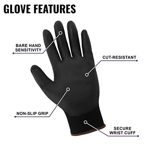 Global Glove PUG-17-L-12 Gloves Black Nylon, Black Polyurethane Coated Palm. Large. 12 Pair/Pkg