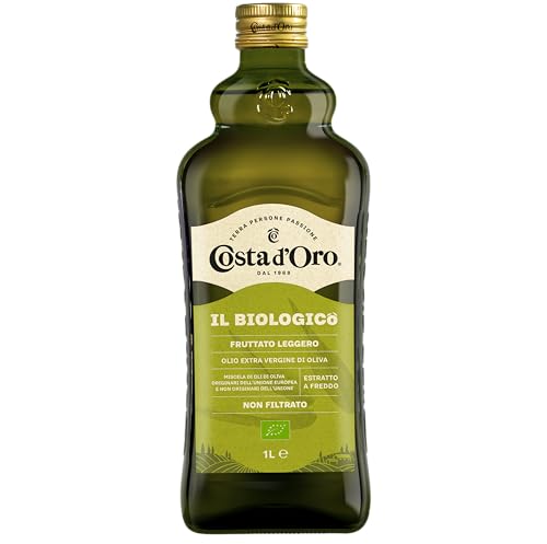 Costa d'Oro – Il Biologico 1L. Olio extravergine di oliva non filtrato, estratto a freddo, prodotto secondo i metodi della filiera biologica. Bottiglia da 1 litro.
