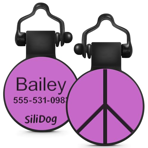 SiliDog - The Original Silicone Silent Dog Tag - Personalized Engraved Soundless Pet ID - As Seen On Shark Tank - Durable - Never Fades - Peace - Purple