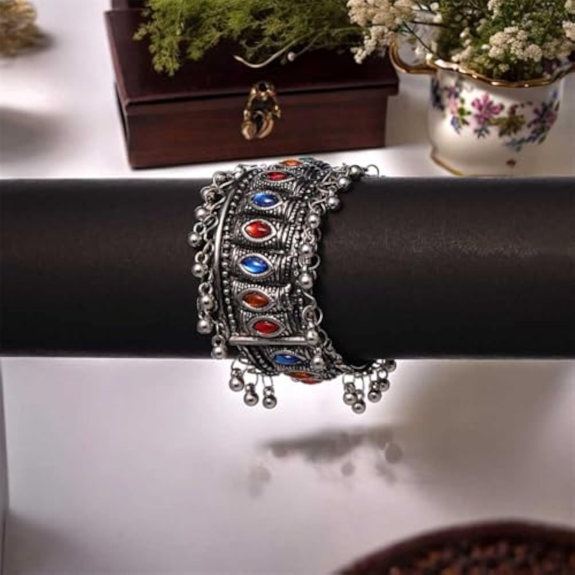 Bling Queen Oxidized Kada Bangle Bracelet With Cubic Zirconia