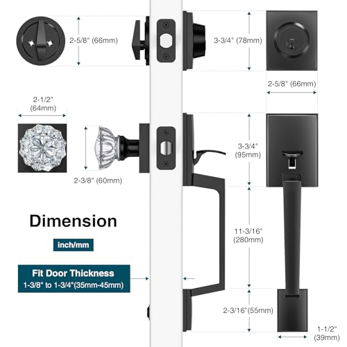 Calzibeno Black Front Door Handle and Deadbolt Set, Front Door Lock Set with Crystal Glass Door Knob, Exterior Door Lock Set with Single Cylinder, Reversible for Right & Left, Matte Black by Calzibeno - Used condition - Image 5