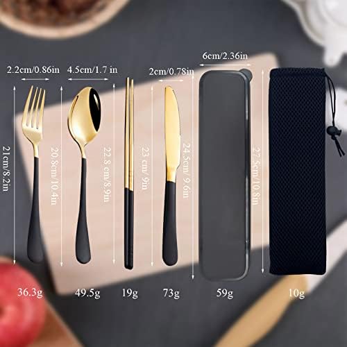 Stainless Steel Cutlery Set with Case, TWUTGAYW Portable Travel Lunch Utensils, Reusable Fork Spoon Knife Chopsticks Set for Office School Travel Camping Picnic Adults Daily Use (Black, Gold)