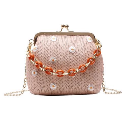 Kisslock Purse for Women Floral Embroidery Straw Woven Clutch with Chain Strap Crossbody Shoulder Bag