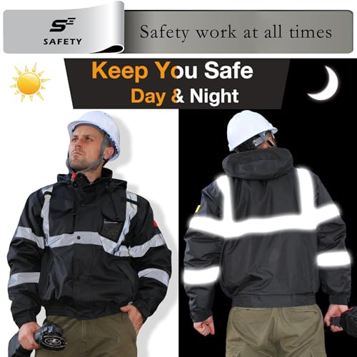 Image of sesafety Reflective Jacket for Men, High Visibility Jackets, Safety Jackets for Men, Hi Vis Construction Bomber Jackets Waterproof with Pockets and Zipper, Black Bottom, Class 3
