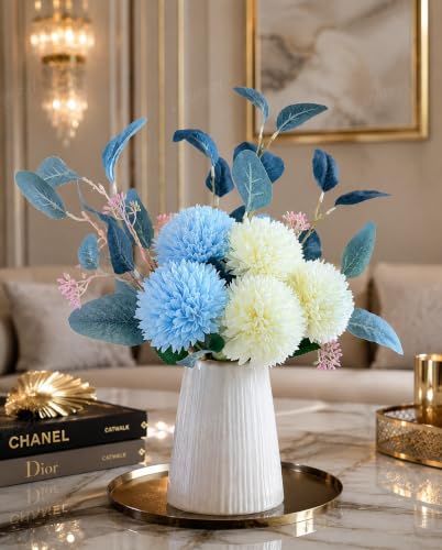 Image of Divyakosh Artificial Chrysanthemum Flower Bouquet, 5 Flowers with Foliage, Blue & White Pom Pom Floral Arrangement, Decorative Artificial Flowers for Living Room, Office & Home Decor