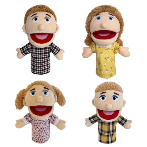 JUSTQUNSEEN 4 pcs Family Hand Puppets dad&mom, Boys&Girls Role-Playing Puppet, Soft Stuffed Movable Mouth Puppets, Storytelling Puppet for Kids,Gift for Girls and Boys Age 4-8 to Role Play (01-Half)