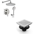 KOJOX Brushed Nickel Shower System & 6" Quadrato Drain Bundle: 3-Mode Showerhead, Valve, Burhsed Nickel SUS 304 Drain