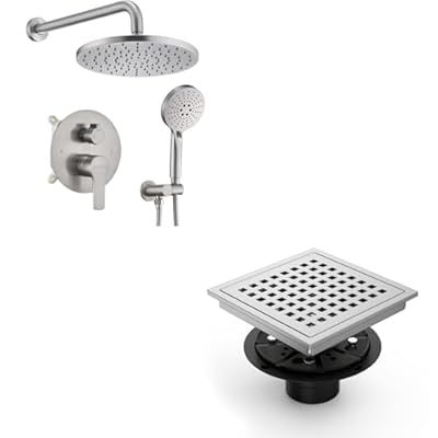 KOJOX Brushed Nickel Shower System & 6" Quadrato Drain Bundle: 3-Mode Showerhead, Valve, Burhsed Nickel SUS 304 Drain