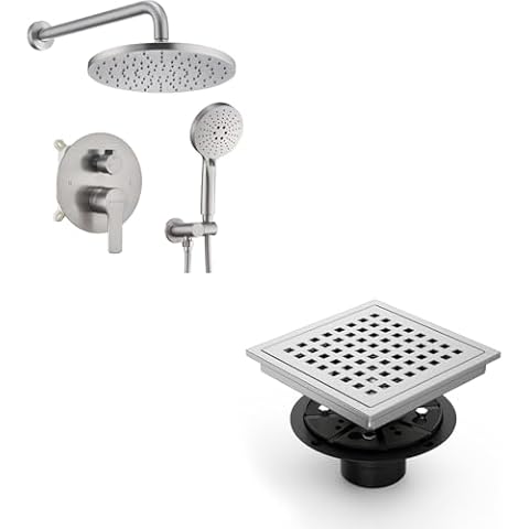 KOJOX Brushed Nickel Shower System & 6" Quadrato Drain Bundle: 3-Mode Showerhead, Valve, Burhsed Nickel SUS 304 Drain Cover