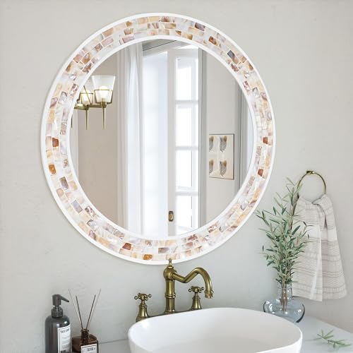 Tanmicoshomy Round Mirror 30 Inch with Naturall Shell for Bathroom Decor