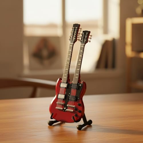 Led Zep Miniature Guitar Replica - 10 Inches Cherry Red Led Zeppelin Double Neck Guitar with Stand, Perfect Rock and Roll Gifts for Men, Mini Led Zep Desk Decor and Accessories by Reni Gifts - Image 2