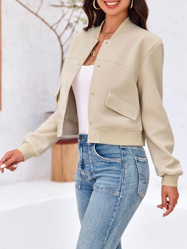 Tankaneo Womens Cropped Bomber Jackets Casual Button Down Long Sleeve Stand Collar Varsity Shacket Coats4