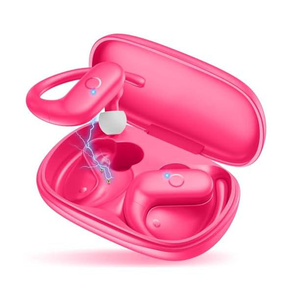 MOZOTER Wireless Earbuds Bluetooth 5.3 Headphones Sport,Over Ear Buds with Deep Bass Sound,60Hrs Playtime Earphones Redesigned Comfort Fit with Earhooks for Running,Meeting,Workout-Pink