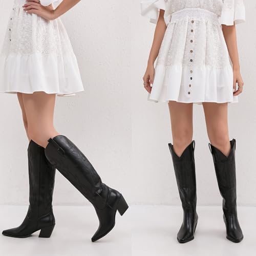 Image of iiimmu Cowgirl Boots Women Knee High Boots Pointed Toe and Block Heel Cowboy Suede and Faux Leather Boots with Embroidered