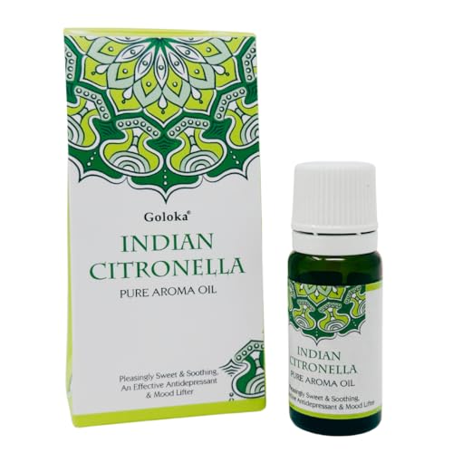 Goloka Aceite aromático - Fragancias naturales indias para aromaterapia, ambientador, difusor, lámpara aromática (10 ml, citronela india)