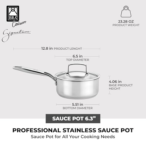 Image of BRA COOKWARE Signature Stainless Steel Sauce Pot w /Glass Lid | 6.3 Inch 1.2 Quart Professional Grade Saucepan | PFOA Free Warming Pot | All Cooktops | All Cooktops (incl. Induction) & Oven Safe