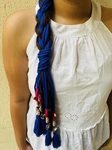 Image of Zippy Flora Neelima Parandi (Royal Blue) | Handmade Boho Parandi | Traditional Hair Accessory with Tassles & Shells | Hair Extension | Choti for Curly & Straight Hair | 22 Inches Length