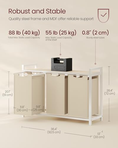 Image of VASAGLE Laundry Hamper, Laundry Basket Sorter with 3 Pull-Out and Removable Bags, Shelf, Metal Frame, 3 x 10.6 Gallons (40 L), 36.4 x 13 x 28.4 Inches, Cappuccino Beige and Natural Beige UBLH301LH01