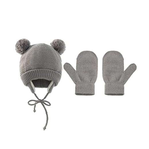 Frdun Pojkar flickor pom pom tofs mössa hatt och handskar, vinter barn hatt handskar set med fleecefodrad öronklaff varm stickad mössa present till småbarn barn jul