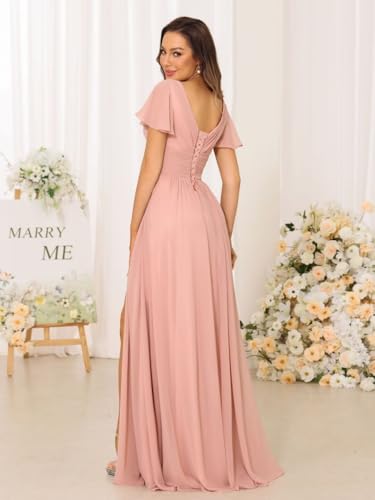 YMSHA V Neck Bridesmaid Dresses for Teens Pleated Side Slit Formal Dress with Pockets YMS1434