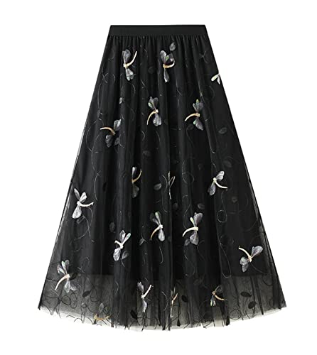 Easyoyo Saia de tule feminina plissada bordada, saia midi de malha de duas camadas com elástico e ci
