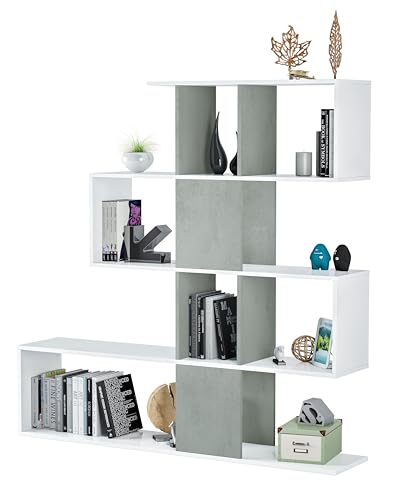 Habitdesign – Estantería Librería Moderna para Salón, Estantería Librería Diseño, Estantería Decorativa, Color Blanco Artik y Cemento, 145x145x28 cm - Modelo Zig-Zag-3