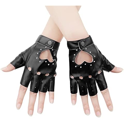 KINBOM 1 Pair Half Finger Leather Gloves, Stylish Fingerless Leather Gloves with Rhinestone Biker Punk Gloves for Halloween Women Girls Cosplay Performance (Black) Cover