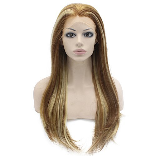 24inch Long Straight Highlight Blonde Synthetic Lace Front Wig Natural Heat Friendly Fiber Wig at Mxangel