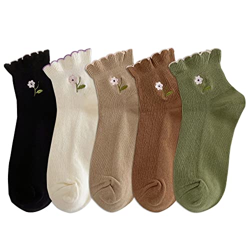 zrylibya Women's Ruffle Frilly Rib Knit Crew Socks Floral Embroidery Scalloped Pointelle Casual Ankle Socks 5 Pairs