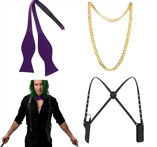Yeyeplum 3 Pcs Halloween Joker Costume Accessories for Men Included Gold Necklace Black Artificial Leather Adjustable Gun Holster Solid Self Bow Tie for Halloween Cosplay Party Cute Villain Dress up