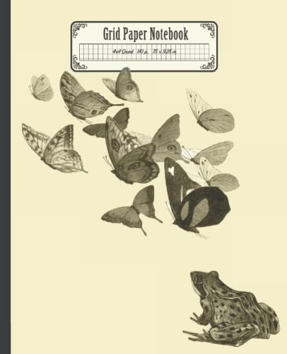 Grid paper composition notebook | Vintage cottagecore aesthetic: Frog and Butterflies | Quad ruled 4x4 (4 squares per inch), 7.5 x 9.25, 110 pages
