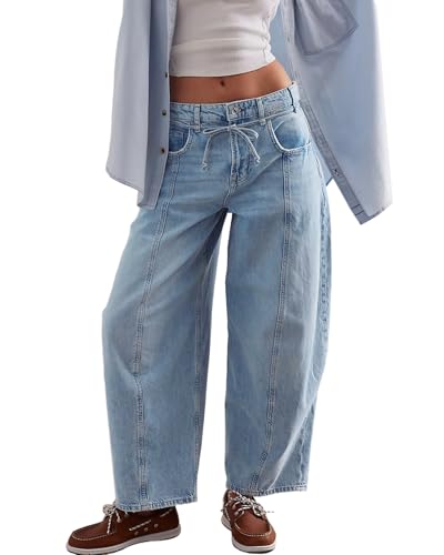 LifeShe Wide Leg Jeans Woman Mid Rise Baggy Jeans Loose Boyfriend Barrel Denim Pants with Drawstring