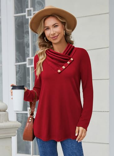 Image of Bulotus Womens Turtleneck Sweaters Ribbed Knit Split Cowl Neck Tunic Sweaters