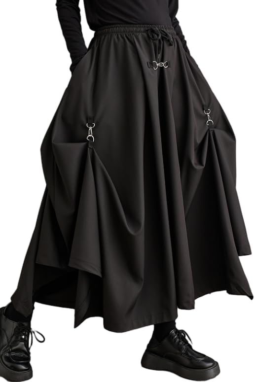 ellazhu Women's Oversized Irregular Drop Crotch Harem Hakama Pleated Drawstring Pants GZ116 A