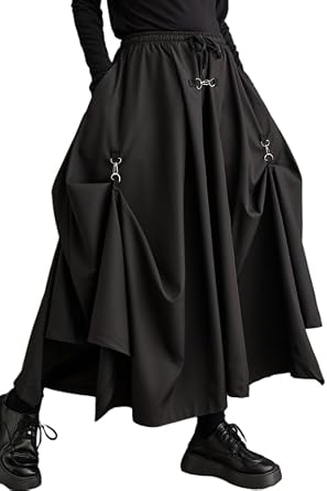 ellazhu Women's Oversized Irregular Drop Crotch Harem Hakama Pleated Drawstring Pants GZ116 A