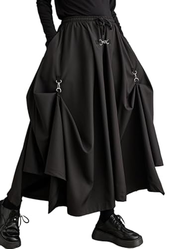 ellazhu Women's Oversized Irregular Drop Crotch Harem Hakama Pleated Drawstring Pants GZ116 A