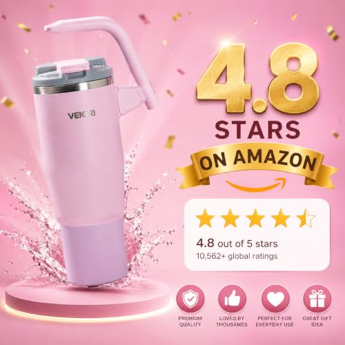 Image of Stainless Steel Double Layer Insulated Travel Tumbler with Two Lid, Straw, and Carry Handle, BPA Free, 40 oz. (Baby Pink)