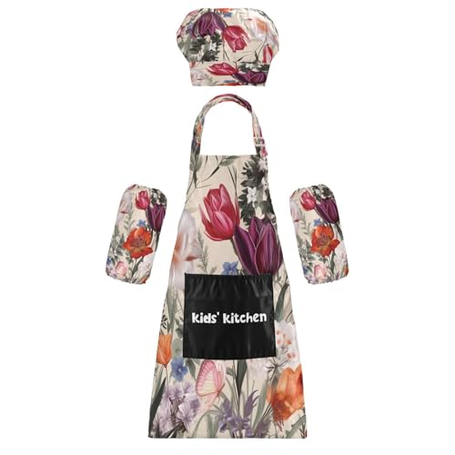 Bulletgxll Beautiful Floral Kids Apron and Chef Hat Set Adjustable Bib Aprons with Pockets for Cooking Baking Painting