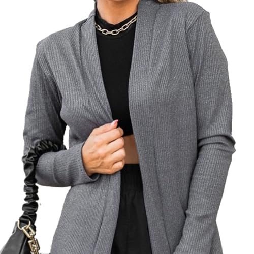 Cardigan Feminino Malha Canelada Manga Comprida Meia Estação (G2 (48-50), Mescla Canelado)