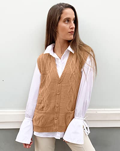 Tinkuy Peru Women’s Button-Up Cardigan, Authentic Peruvian Alpaca Wool V Neck Knitted Argyle Sweater Vest (Camel, Large) #TOP2