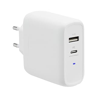 Amazon Basics GaN-Wandladegerät mit 2 Anschlüsse, 63 W, 1 USB-C-Port mit 45 W und 1 USB-A-Port mit 18 W, für Laptops, Tablets und Handys mit Stromversorgung, Weiß (Nicht PPS), 6,6 x 2,94 x 6,24 cm