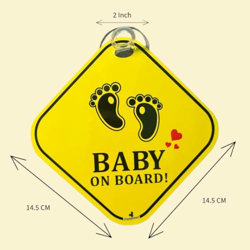 Image of 2-in-1 Reversible Baby on Board & Bump on Board Car Hanging Sign - Mom on Board Pregnancy & Newborn Safety Sign for Rear Windshield with Suction Cup, 300 GSM Laminated Board, 14.5 cm, Yellow (2, 14.5 x 14.5 cm)