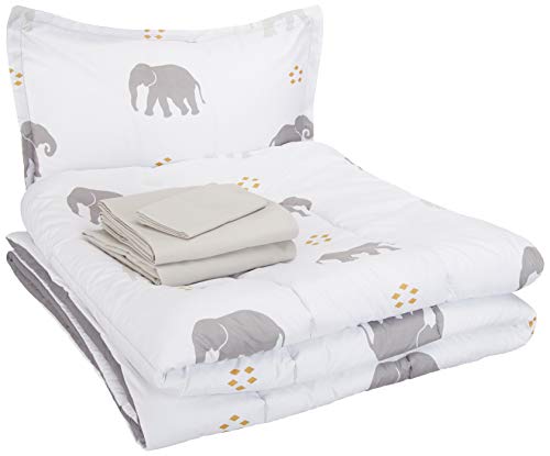 Amazonbasics Easy Care Super Soft Microfiber Kid’S Bed-In-A-Bag Bedding Set – Twin, Grey Elephants